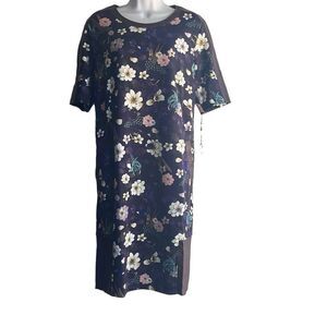 Marc Cain Purple Floral Bird Faux Leather Trim Dress Pockets US 12 N5 NWT $440